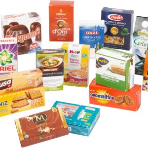 Caixas dobráveis de diferentes tipos e marcas de produtos