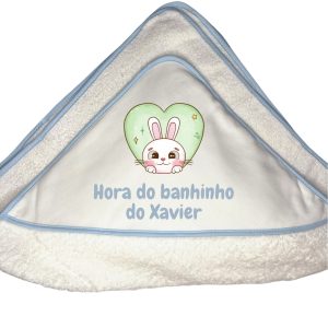 Toalha de Banho Azul para bebé menino 90cm x 90cm -Hora do banho (Coelho)