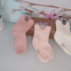 3 pares meias de bebé urso - Rosa velho, rosa e branco